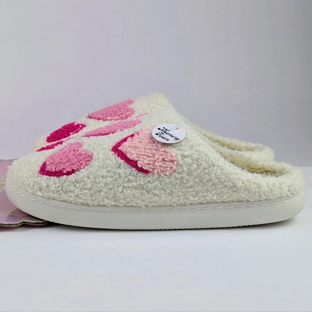Hearts Slippers Sherpa Upper Fleece Memory Foam Slip On Ivory Pink L (8/9) NWT - Picture 5 of 13